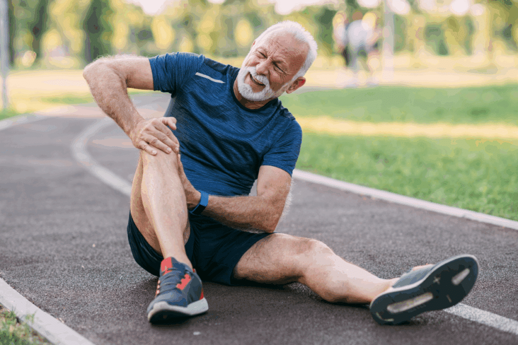 Older man sitting down on track with knee injury from running