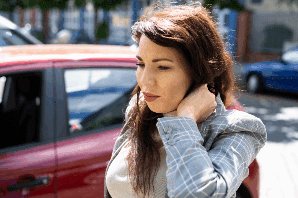 Woman holding neck outside of car